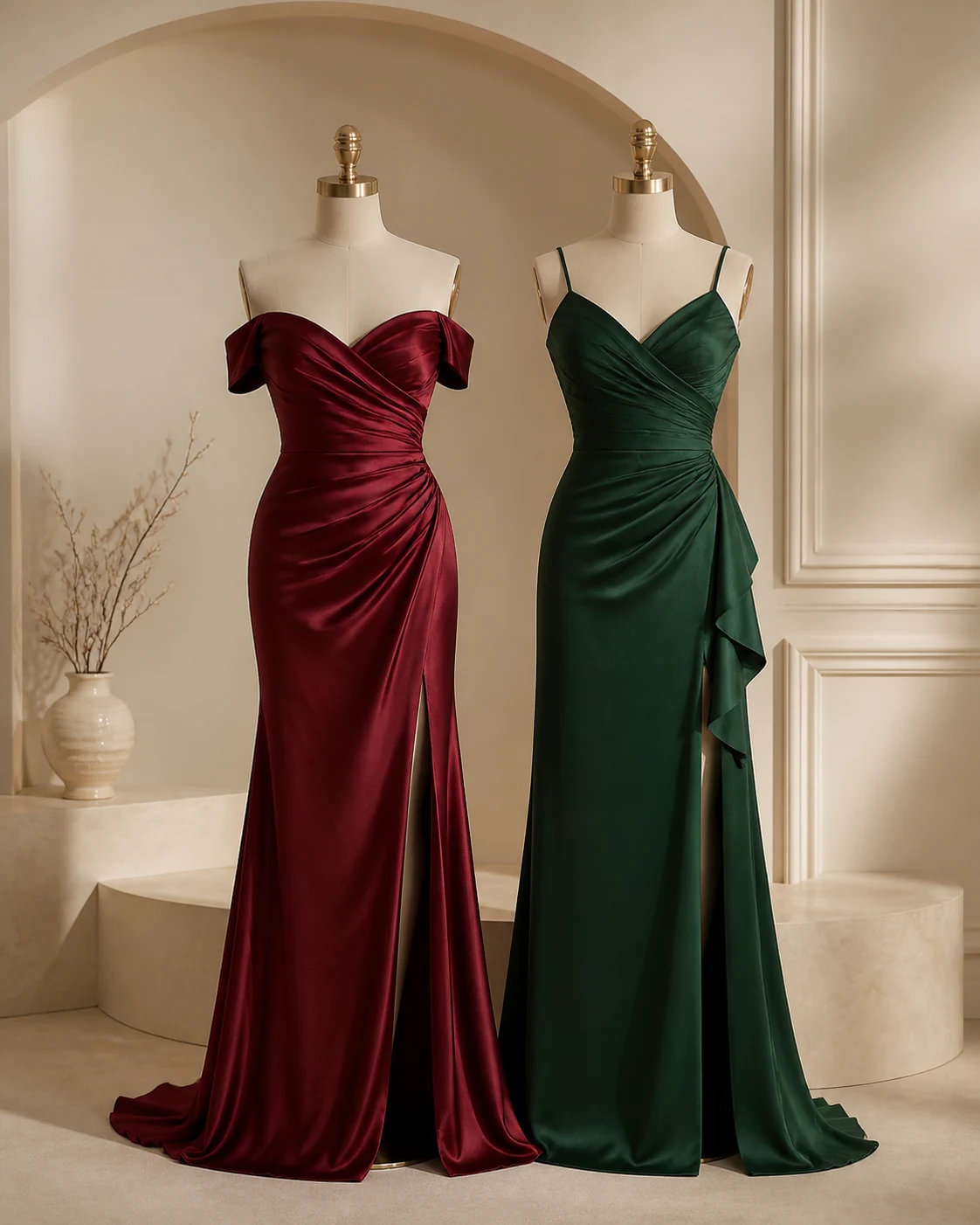 Deux robes de soirée bordeaux et émeraude