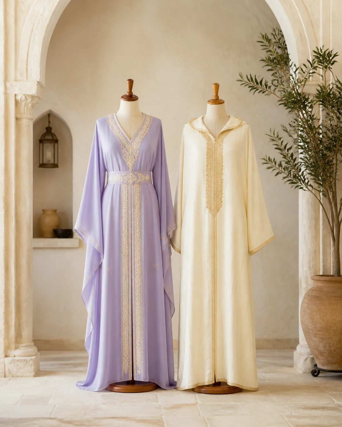 Caftan lilas et jebba ivoire présentés ensemble
