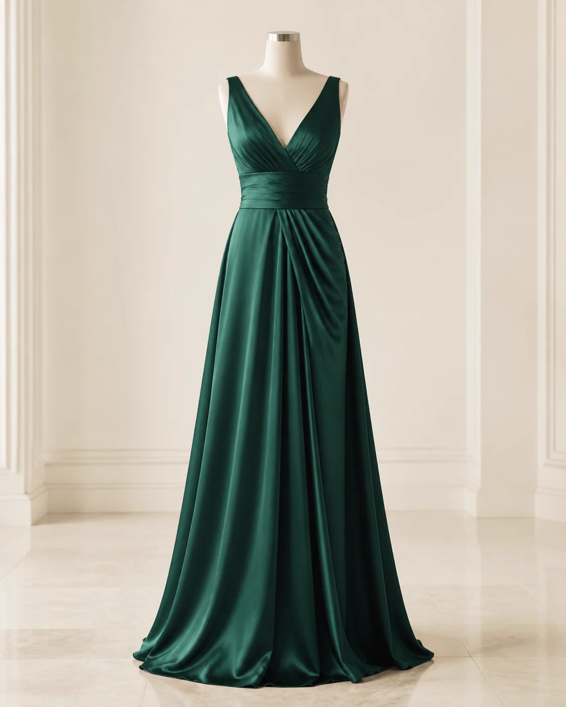 Robe longue émeraude présentée sur mannequin